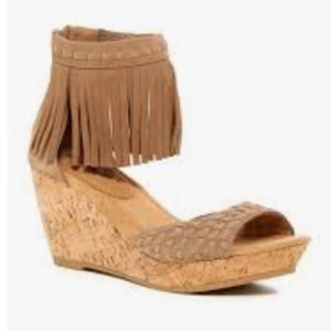 Minnetonka fringe cuff cork wedge heels